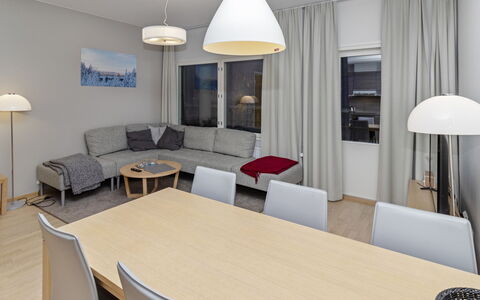 Ruka Chalets 2 Huoneisto 2405: Furniture, Interior Design, Flooring, Floor, Wood, Ceiling, Couch, Room, Table, Living Room