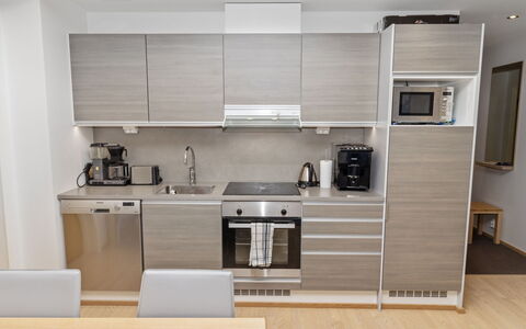 Ruka Chalets 2 Huoneisto 2405: Kitchen, Kitchen Appliance, Furniture, Countertop, Major Appliance, Flooring, Wood, Interior Design, Cabinetry, Home Appliance