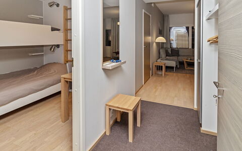 Ruka Chalets 2 Huoneisto 2405: Interior Design, Furniture, Floor, Flooring, Wall, Wood, Bed, Room, Bedroom, Ceiling