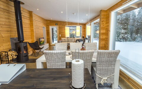 Villa Tuisku: Wood, Furniture, Interior Design, Flooring, Home, Floor, Wood Flooring, Hardwood, Ceiling, Log Cabin
