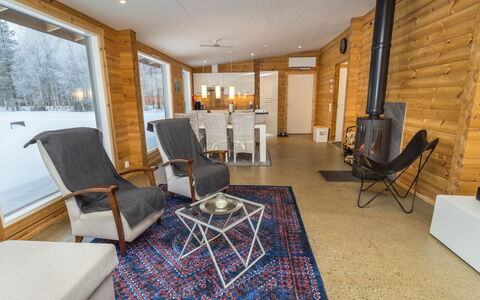 Villa Tuisku: Wood, Furniture, Flooring, Interior Design, Floor, Chair, Hardwood, Wood Stain, Room, Living Room