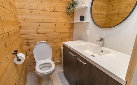 Villa Tuisku: Toilet Seat, Toilet, Bathroom, Plumbing Fixture, Wood, Bathroom Sink, Flooring, Bathroom Cabinet, Floor, Sink