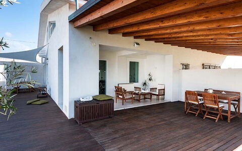 Cala Marina: Wood, Wood Flooring, Flooring, Floor, Architecture, Home, Porch, Outdoor Furniture, Furniture, Deck