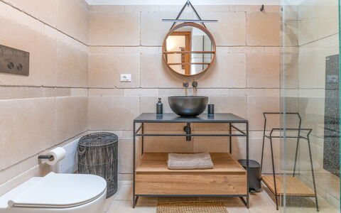 Trulli Corte Kalia, Golf & Puglia: Flooring, Floor, Plumbing Fixture, Interior Design, Tile, Bathroom, Plumbing, Tap, Ceramic, Sink