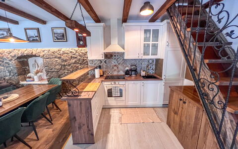 Vila Jurja: Wood, Flooring, Interior Design, Furniture, Floor, Wood Flooring, Countertop, Home, Kitchen, Cabinetry
