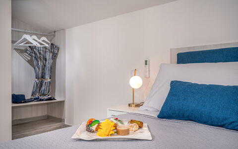 Attico Sea View: Interior Design, Furniture, Bedroom, Linens, Bed, Room, Textile, Floor, Bed Sheet, Flooring