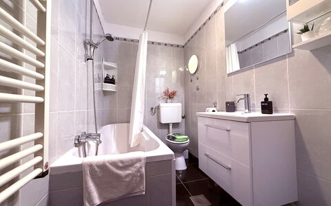 Apartment Niko, Private Garden, Wifi - Opatija: Plumbing Fixture, Bathroom, Sink, Interior Design, Flooring, Floor, Tap, Plumbing, Bathroom Sink, Bathroom Cabinet