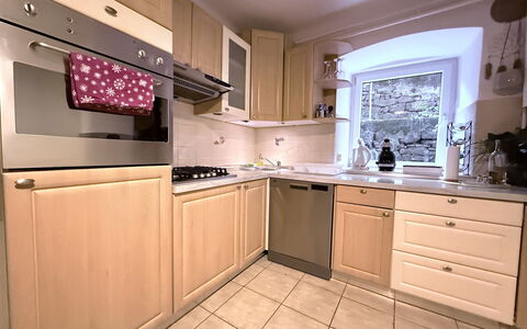 Apartment Niko, Private Garden, Wifi - Opatija: Kitchen, Kitchen Appliance, Countertop, Cabinetry, Major Appliance, Furniture, Interior Design, Wood, Kitchen Stove, Home Appliance
