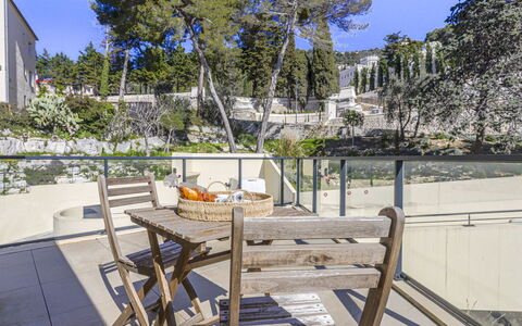 Prestige View: Urban Design, Outdoor Furniture, Shade, Handrail, Balcony, Concrete, Landscaping, Stairs, Chair, Deck