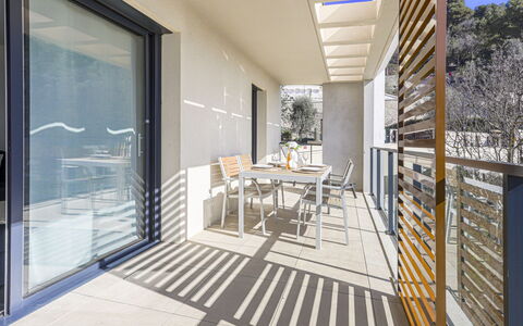 Prestige View: Apartment, Balcony, Porch, Shade, Deck, Home Door, Hardwood, Design, Handrail, Chair
