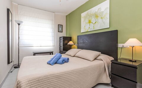 Apartaments Blau Mar: Furniture, Bed, Interior Design, Bedroom, Flooring, Floor, Bedding, Bed Sheet, Room, Ceiling