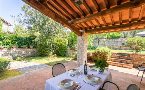 Gaiole in Chianti 915: Furniture, Flowerpot, Houseplant, Kitchen & Dining Room Table, Chair, Brick, Garden, Resort, Shade, Patio