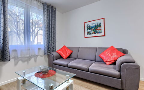 Poreč Center Sea: Furniture, Interior Design, Flooring, Floor, Couch, Apartment, Home, Living Room, Room, Table