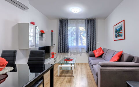 Poreč Center Sea: Furniture, Interior Design, Flooring, Floor, Couch, Room, Apartment, Home, Living Room, Table