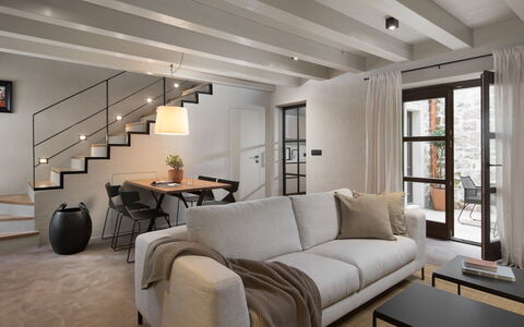 Villa Euphrasiana: Furniture, Interior Design, Flooring, Wall, Couch, Floor, Wood, Ceiling, Living Room, Table