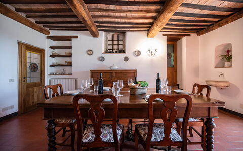 Green Hill Apartment In Tuscan Countryside: Furniture, Interior Design, Flooring, Wood, Table, Dining Room, Kitchen & Dining Room Table, Floor, Ceiling, Room
