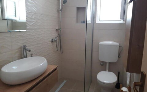 Peaceful Apartment With Beautiful View - Hvar: Bathroom, Bathroom Sink, Plumbing Fixture, Flooring, Floor, Wall, Sink, Interior Design, Toilet, Toilet Seat