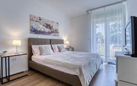 Villa Nika: Bed, Furniture, Interior Design, Bedroom, Flooring, Floor, Bed Sheet, Bedding, Wood, Room