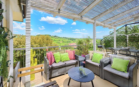 Casamia Tuscan Oasis: 4Br Panoramic Penthouse, Sky: Furniture, Outdoor Furniture, Chair, Table, Porch, Outdoor Table, Eco Hotel, Shade, Garden, Balcony