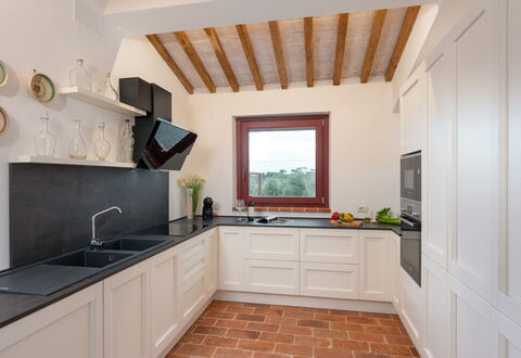 Marielena Authentic Chianti Retreat: Panoramic Vie: Kitchen, Countertop, Interior Design, Flooring, Kitchen Appliance, Cabinetry, Wood, Furniture, Floor, Home