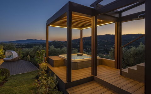 Villa Alessia Luxury: Dusk, Eco Hotel, Resort, Shade, Wood Stain, Swimming Pool, Outdoor Structure, Landscape Lighting, Pavilion