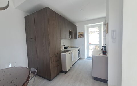 Central Design Flat With Parking, Bogliasco: Wood, Flooring, Floor, Countertop, Interior Design, Apartment, Furniture, Cabinetry, Kitchen, Room
