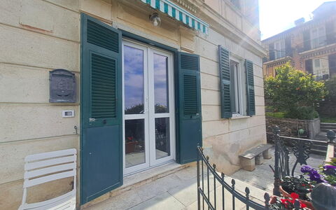 Central Design Flat With Parking, Bogliasco: Door, Balcony, Home Door, Shade, Houseplant, Flowerpot, Paint, Daylighting, Window Treatment, Window Covering