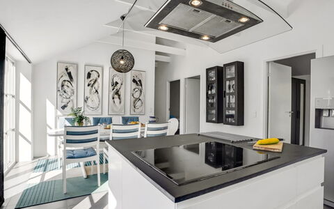 Judit - 10M from the Sea: Furniture, Interior Design, Flooring, Kitchen, Floor, Ceiling, Wood, Chair, Light Fixture, Countertop
