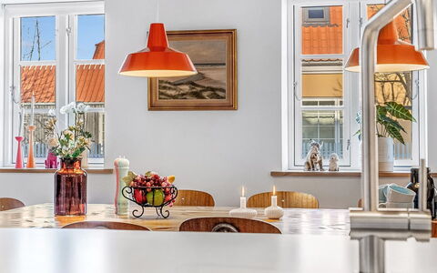 Rami - 250M from the Sea: Interior Design, Light Fixture, Kitchen, Ceiling, Flooring, Lighting, Orange, Home, Countertop, Furniture