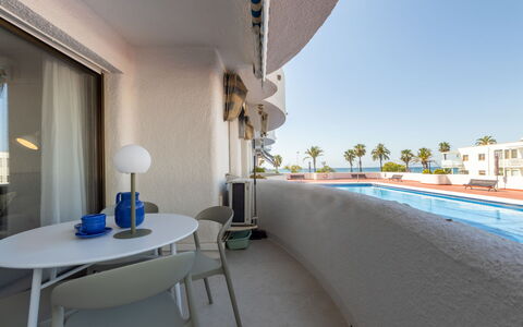 Cambrils 643: Furniture, Chair, Interior Design, Table, Room, Wood Stain, Balcony, Ceiling, Eco Hotel, Hardwood