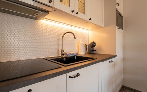 Melrose with Parking: Kitchen, Countertop, Interior Design, Cabinetry, Plumbing Fixture, Tap, Kitchen Sink, Sink, Lighting, Flooring