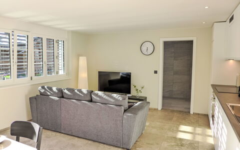 Huus Chloster, Apt Niesen: Interior Design, Couch, Furniture, Flooring, Wall, Floor, Ceiling, Apartment, Room, Living Room