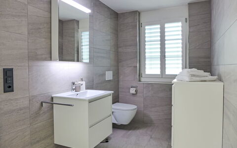 Huus Chloster, Apt Niesen: Flooring, Floor, Bathroom, Interior Design, Plumbing Fixture, Wall, Sink, Bathroom Sink, Toilet, Tap