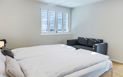 Huus Chloster, Apt Niesen: Bed, Bedroom, Interior Design, Furniture, Wood, Floor, Flooring, Bedding, Bed Sheet, Ceiling