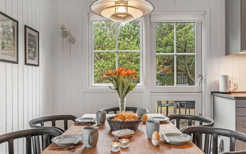Brodde - 300M from the Sea: Interior Design, Wood, Furniture, Ceiling, Light Fixture, Dining Room, Flooring, Kitchen & Dining Room Table, Table, Chandelier