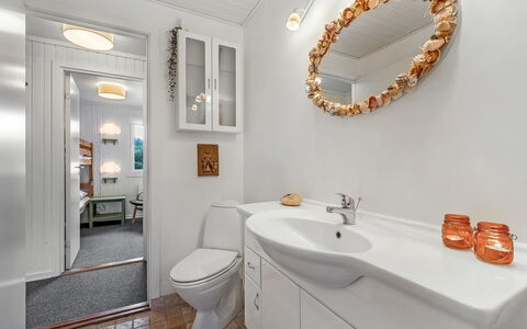Brodde - 300M from the Sea: Interior Design, Wall, Plumbing Fixture, Flooring, Bathroom Sink, Floor, Bathroom, Bathroom Cabinet, Ceiling, Sink