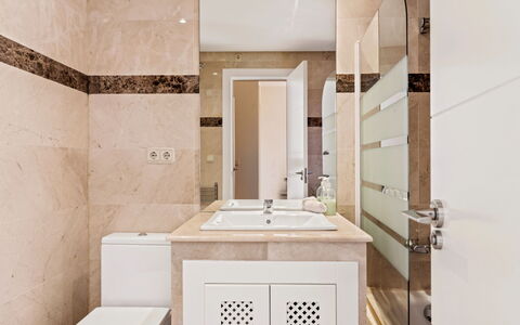 Cerro del Sol 6: Flooring, Floor, Interior Design, Plumbing Fixture, Wall, Bathroom, Bathroom Cabinet, Home, Mirror, Sink