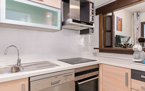 Cerro del Sol 6: Kitchen, Countertop, Cabinetry, Kitchen Appliance, Major Appliance, Interior Design, Furniture, Wood, Plumbing Fixture, Home