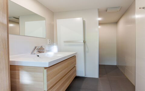 Residence Domburg: Flooring, Interior Design, Floor, Wood, Bathroom Cabinet, Bathroom Sink, Plumbing Fixture, Bathroom, Plumbing, Cabinetry