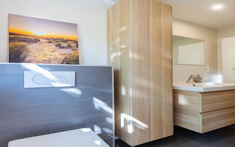 Residence Domburg: Flooring, Interior Design, Floor, Wall, Bathroom, Wood, Plumbing Fixture, Bathroom Cabinet, Toilet, Mirror