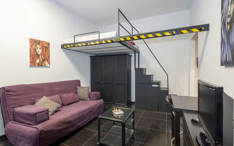 Chinatown Loft: Furniture, Interior Design, Flooring, Floor, Room, Bedroom, Ceiling, Lighting, Bed, Apartment