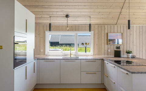 Tilje - 80M from the Sea: Kitchen, Flooring, Wood, Countertop, Interior Design, Wood Flooring, Ceiling, Floor, Cabinetry, Kitchen Appliance