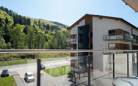 River Park: Interior Design, Apartment, Balcony, Hardwood, Wood Stain, Wood Flooring, Handrail, Daylighting, Hotel, Penthouse Apartment