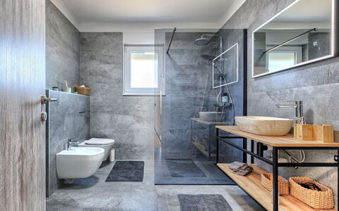 Villa Fortuna: Flooring, Plumbing Fixture, Interior Design, Floor, Bathroom, Sink, Tap, Tile, Plumbing, Bathroom Cabinet