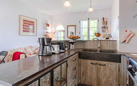 Les Jardins de Cabourg: Kitchen, Countertop, Furniture, Interior Design, Flooring, Cabinetry, Wood, Kitchen Appliance, Floor, Home Appliance