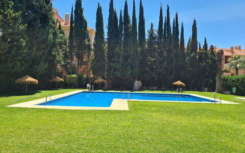 Carib Playa: Swimming Pool, Garden, Lawn, Landscaping, Leisure, Resort, Hacienda, Estate, Yard, Backyard