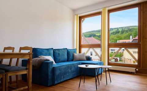 Rosie-Dolní Náměstí: Furniture, Interior Design, Flooring, Floor, Wood, Room, Wood Flooring, Couch, Hardwood, Living Room