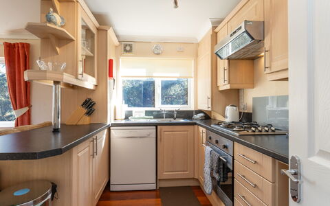 Lodge 5: Kitchen, Kitchen Appliance, Countertop, Major Appliance, Furniture, Interior Design, Cabinetry, Kitchen Stove, Wood, Home Appliance