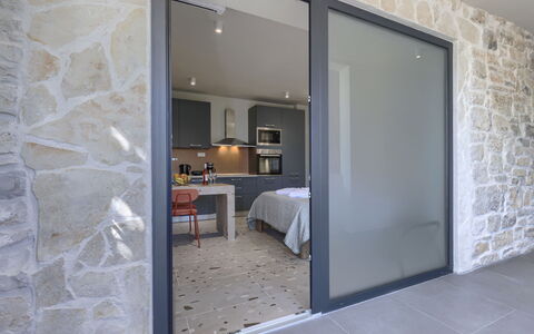 Pula Galižana 114: Apartment, Chair, Balcony, Resort, Hotel, Bay, Kitchen & Dining Room Table, Outdoor Furniture, Resort Town