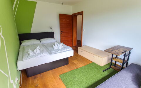 Villa Techelsberg: Wood, Flooring, Floor, Interior Design, Furniture, Bedroom, Bed, Bed Frame, Room, Ceiling